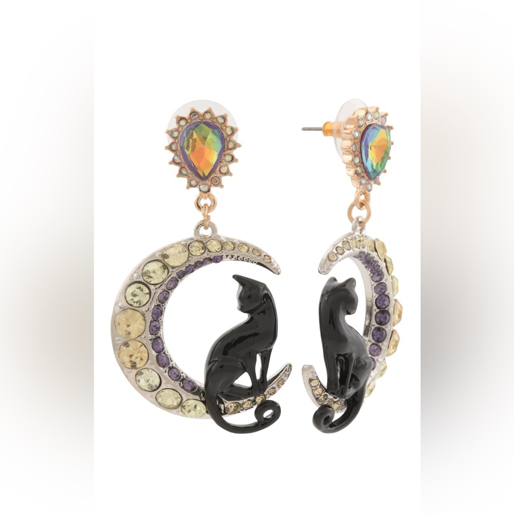 🩶BETSEY JOHNSON TWO TONE CAT MOON DROP EARRINGS - NWT🩶